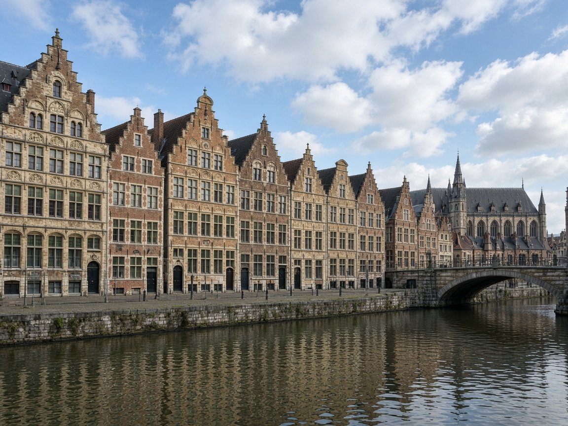 Stepped-gable guild houses along a canal in Ghent, Flanders, with a stone bridge and a Gothic church beyond.