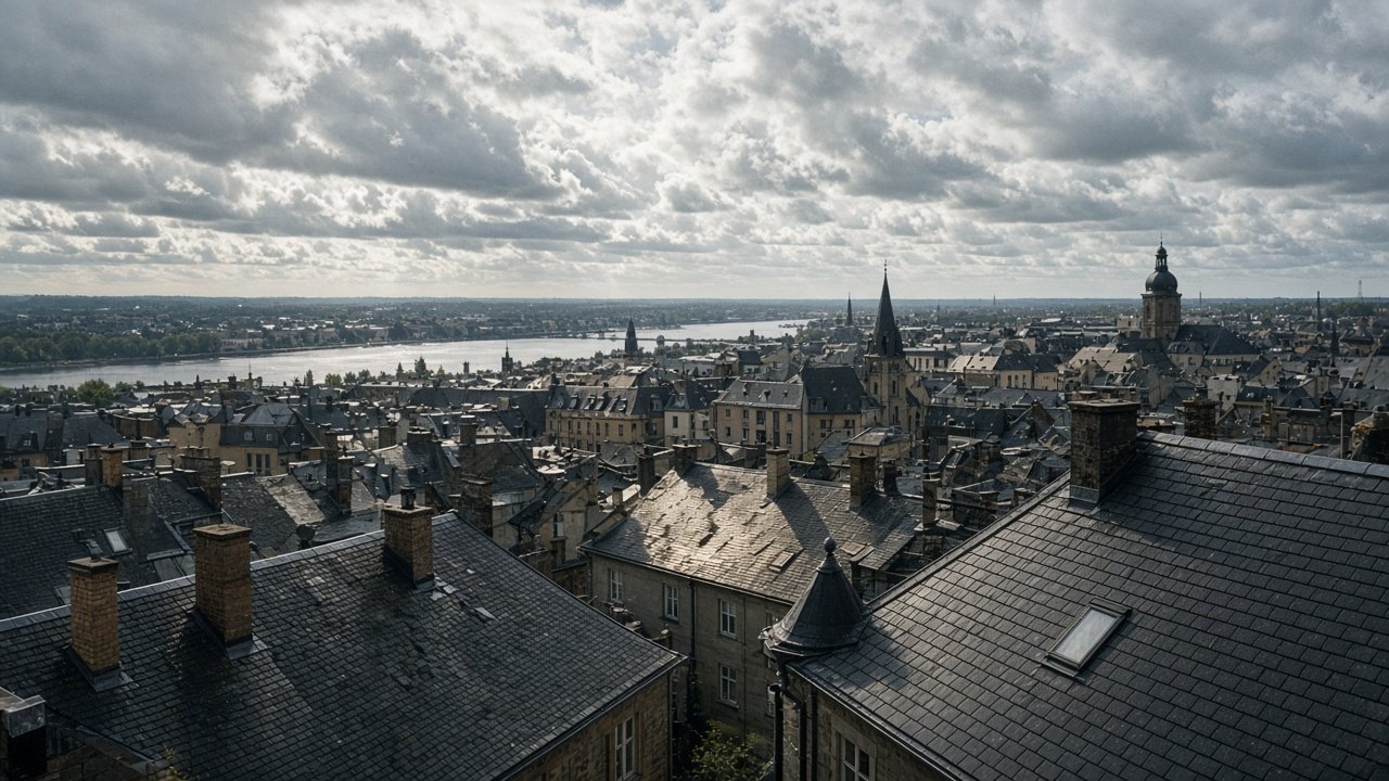 Slate roofs of a city under broken cloud, with bands of sunlight and shadow falling across the same streets.