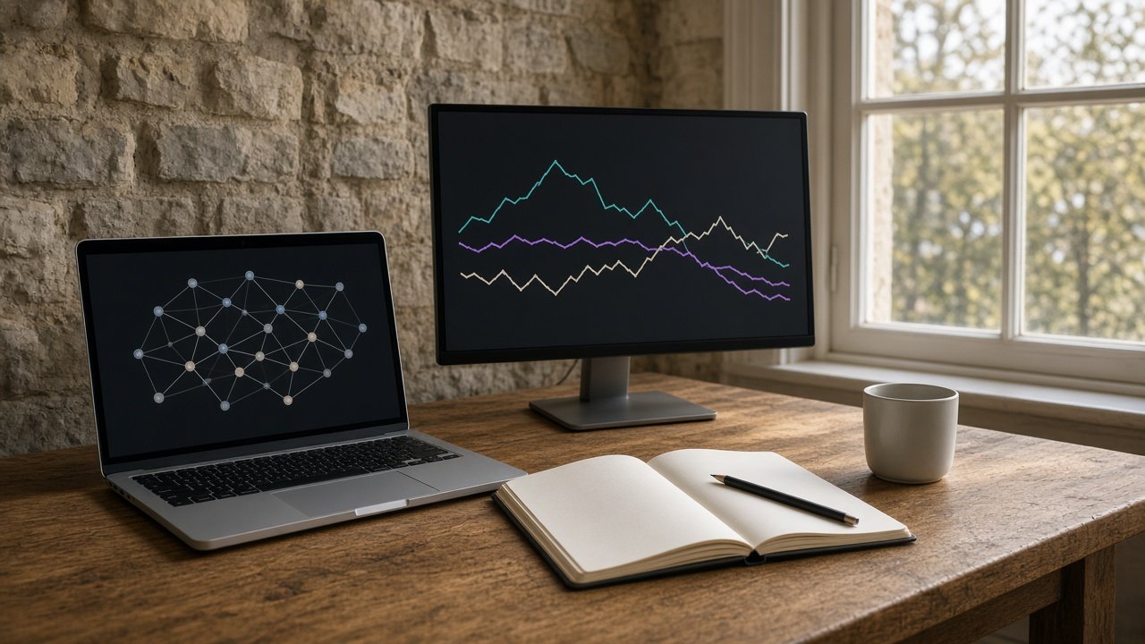 A research desk with a laptop showing a network of nodes and a monitor showing several market paths that rise and fall.