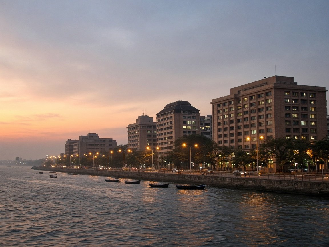 A South Asian commercial waterfront at dusk, with office buildings, streetlights and small boats along the shore.