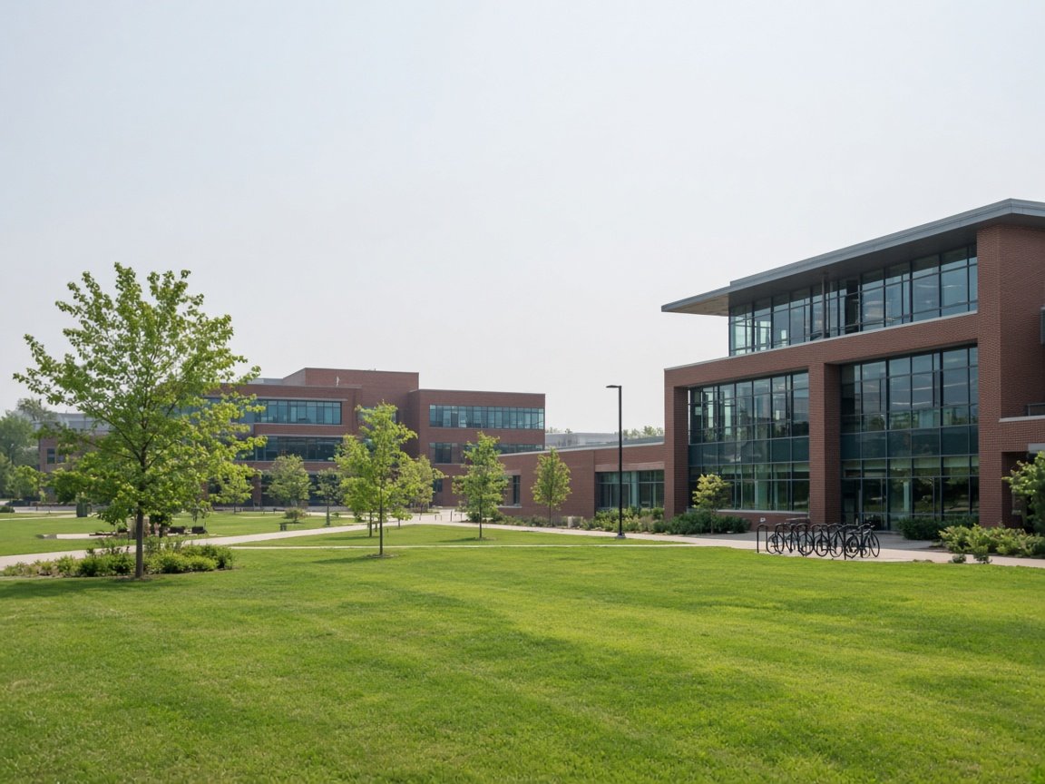 A brick and glass engineering campus with a wide lawn and bicycles parked by the entrance.