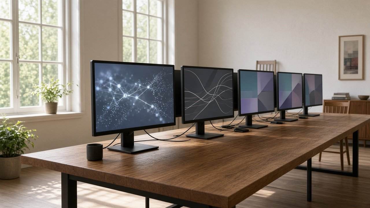 A long oak table in a bright room, with a row of monitors showing one connected workspace of networks, paths and geometric panels.