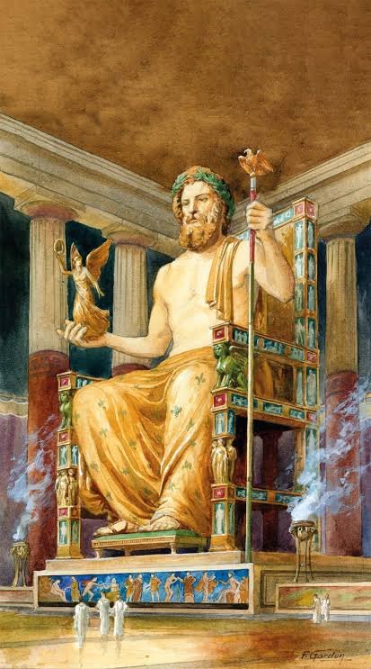 A watercolour of Zeus seated on an ornate throne, holding a staff topped by an eagle, inside a columned hall.